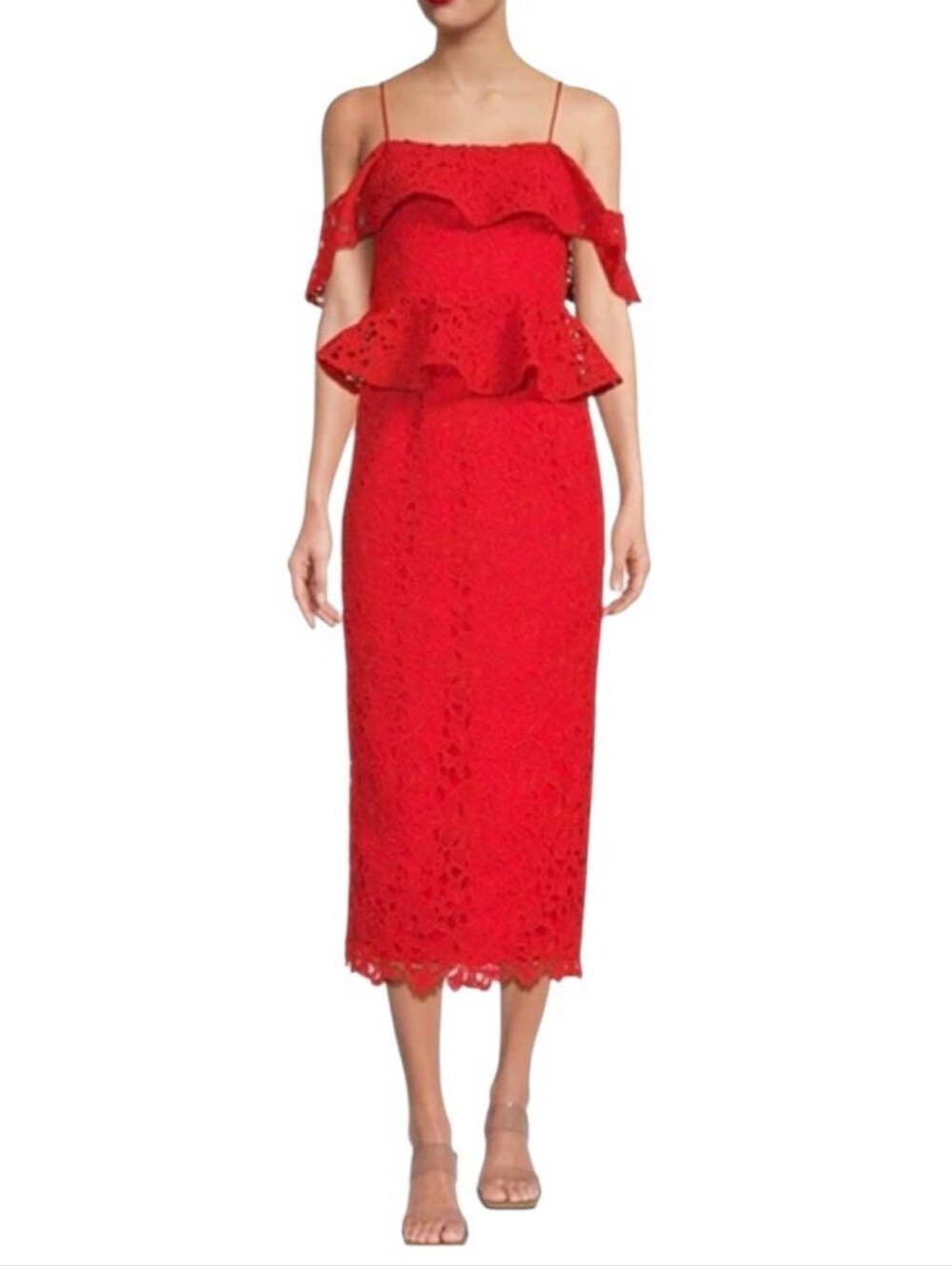 Muse by Marchesa Amaryllis Lace Ruffle Midi Dress Off The Shoulder Poppy Red NEW